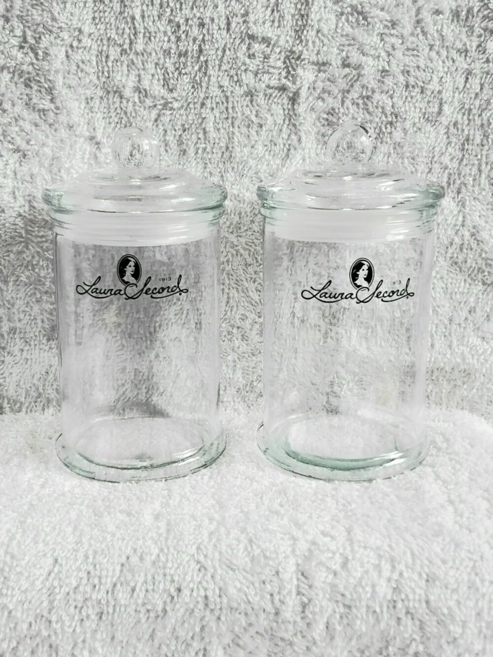 Vintage Mint 6" Pair of Aqua Glass Laura Secord Jars with Lids!!